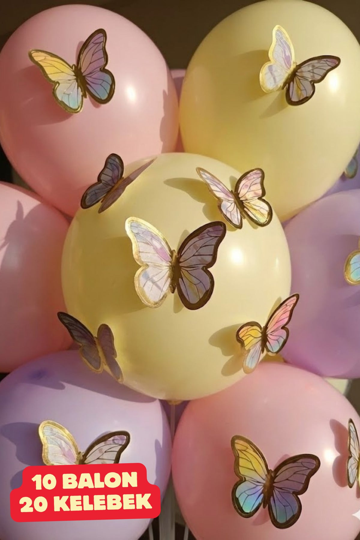10 Adet Parlak 4 Pembe 3 Lila 3 Sarı Balon 20 Renkli Yapışkanlı Kelebek Doğum Günü Balonları Kelebek