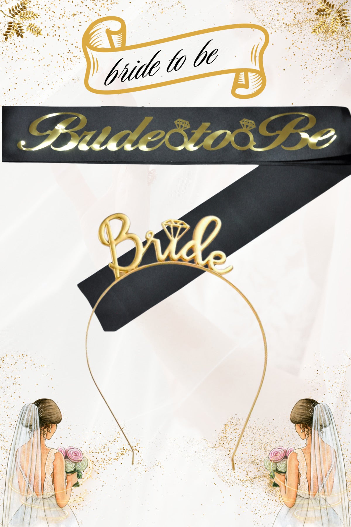 Bride To Be Metal Taç ve Kuşak Seti & Bekarlığa Veda Partisi & Siyah Altın Kuşak Altın Taç