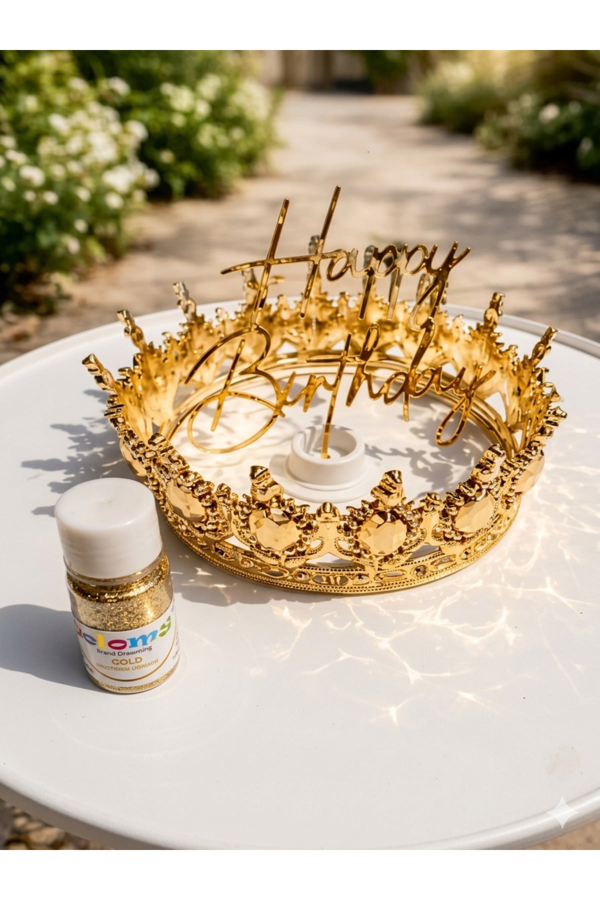 Gold Pasta Tacı seti , Happy birthday gold pleksi ,Yenilebilir gold sim ve Taç