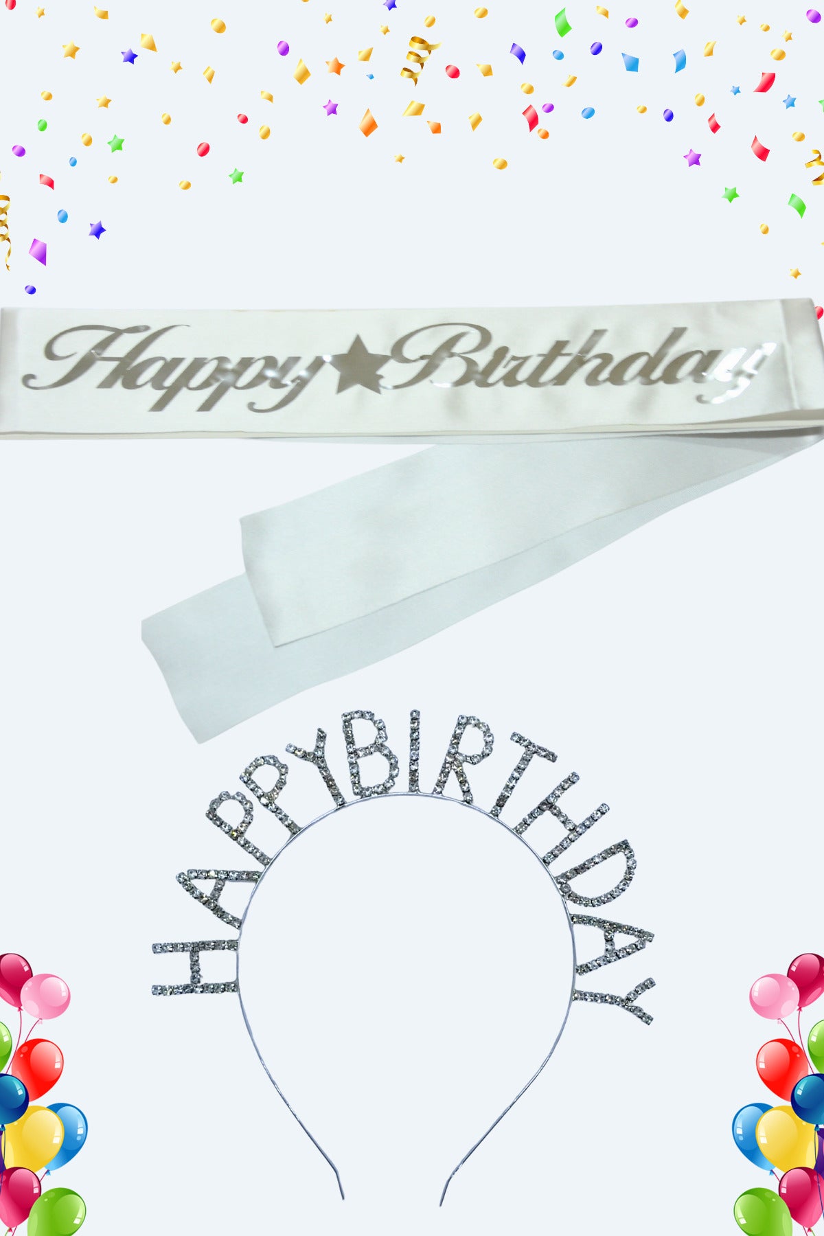 Happy Birthday Yazılı Kuşak Ve Taşlı Taç & Beyaz Gümüş Kuşak Taşlı Gümüş Taç