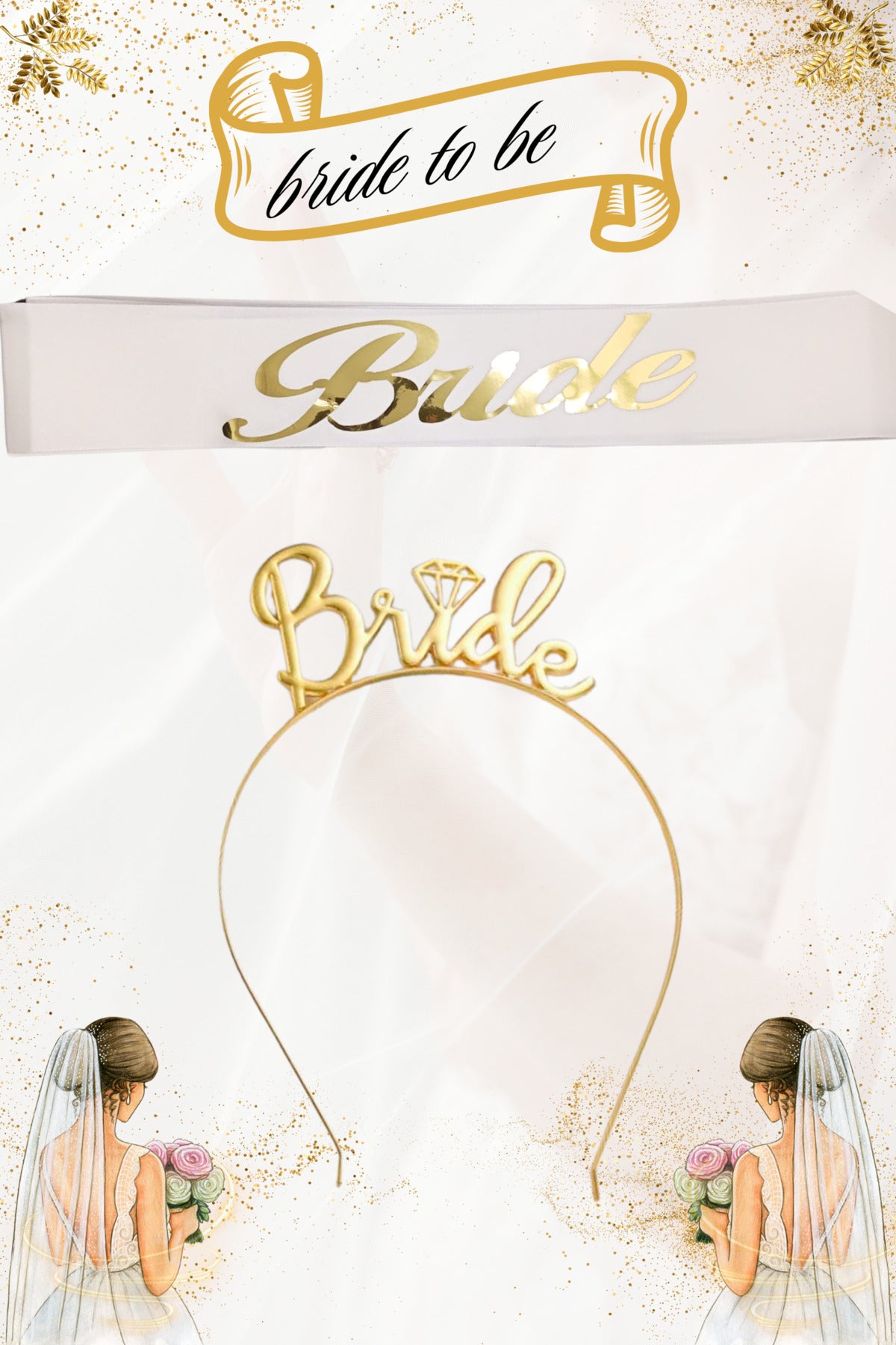 Bride Metal Taç ve Kuşak Seti & Bekarlığa Veda Partisi & Beyaz Altın Kuşak Altın Taç