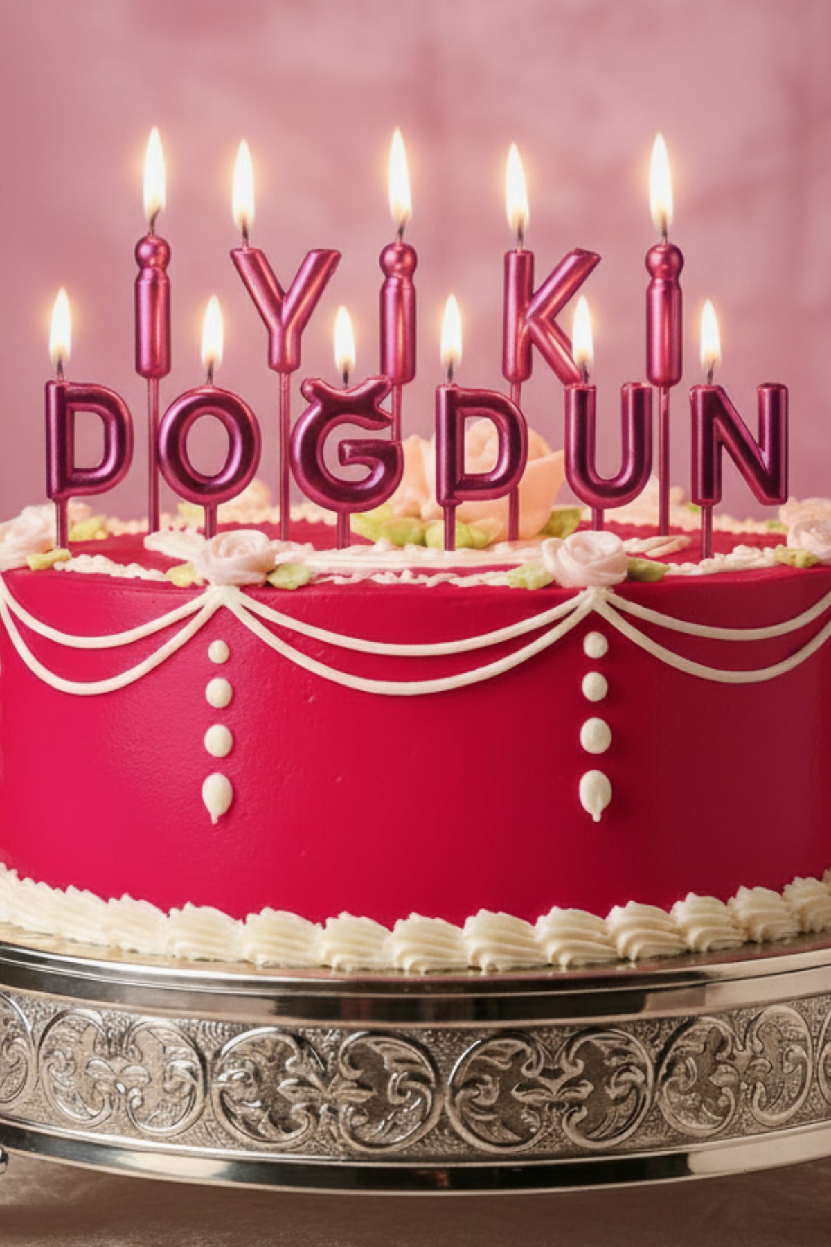 Pembe İyiki Doğdun Yazılı Pasta Mumu Doğum Günü Pasta Mumu Yaş Doğum Günü Mumu