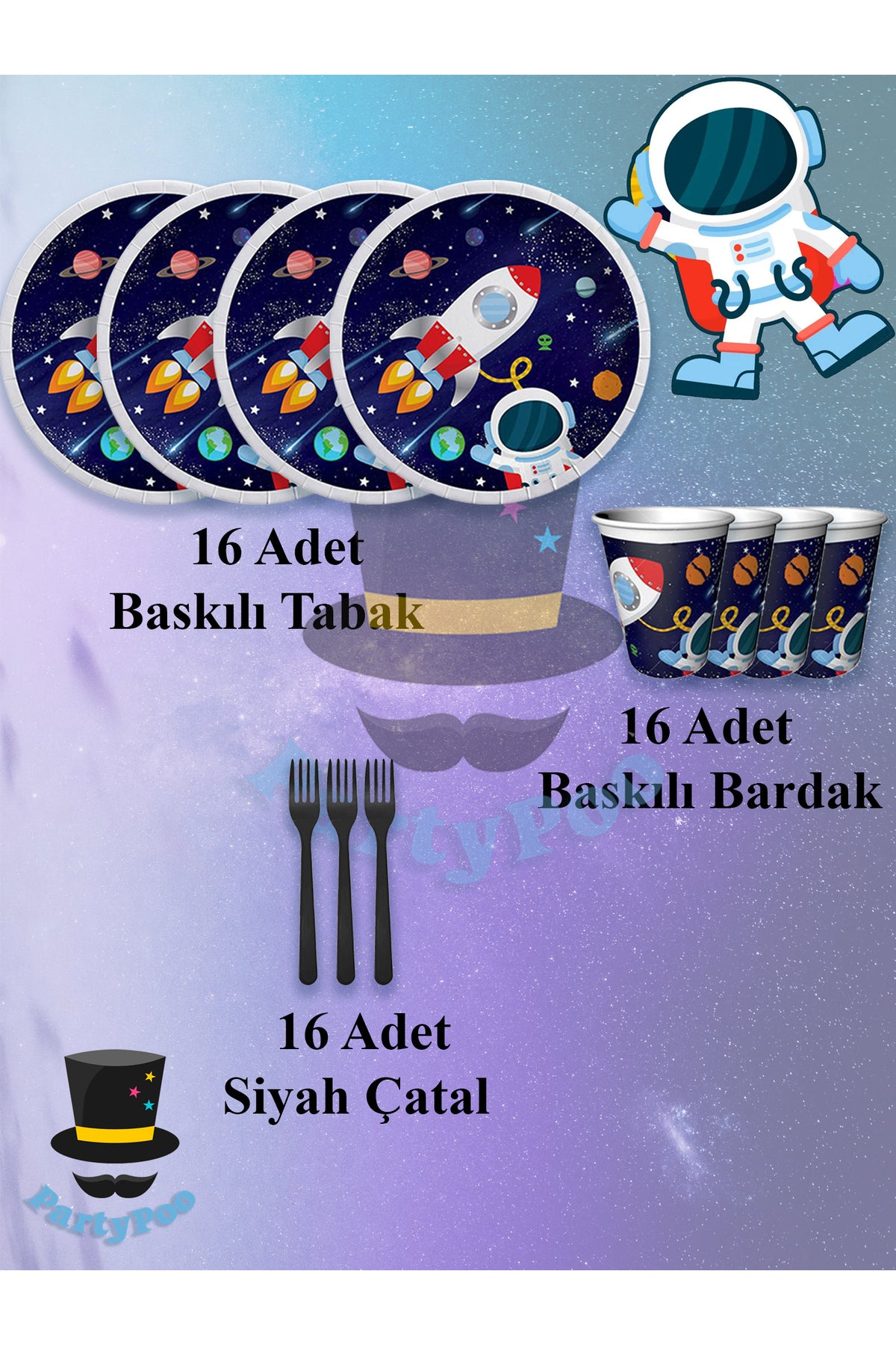 Uzay Temalı Doğum Günü Eko Parti Seti 16 Kişilik Doğum Günü Parti Malzemesi Seti TBÇ