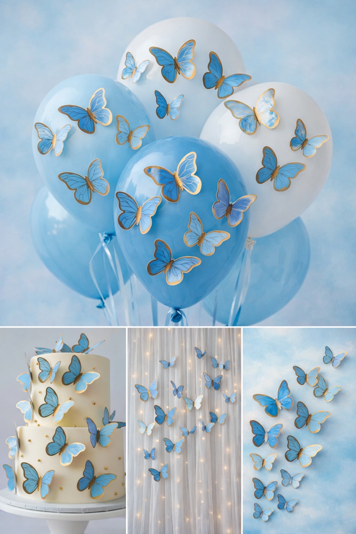 63 Adet 4-5 Cm Mavi Altın Yaldızlı Kelebek Pasta Balon ve Duvar Sticker Yapışkanlı Doğum Günü Süs