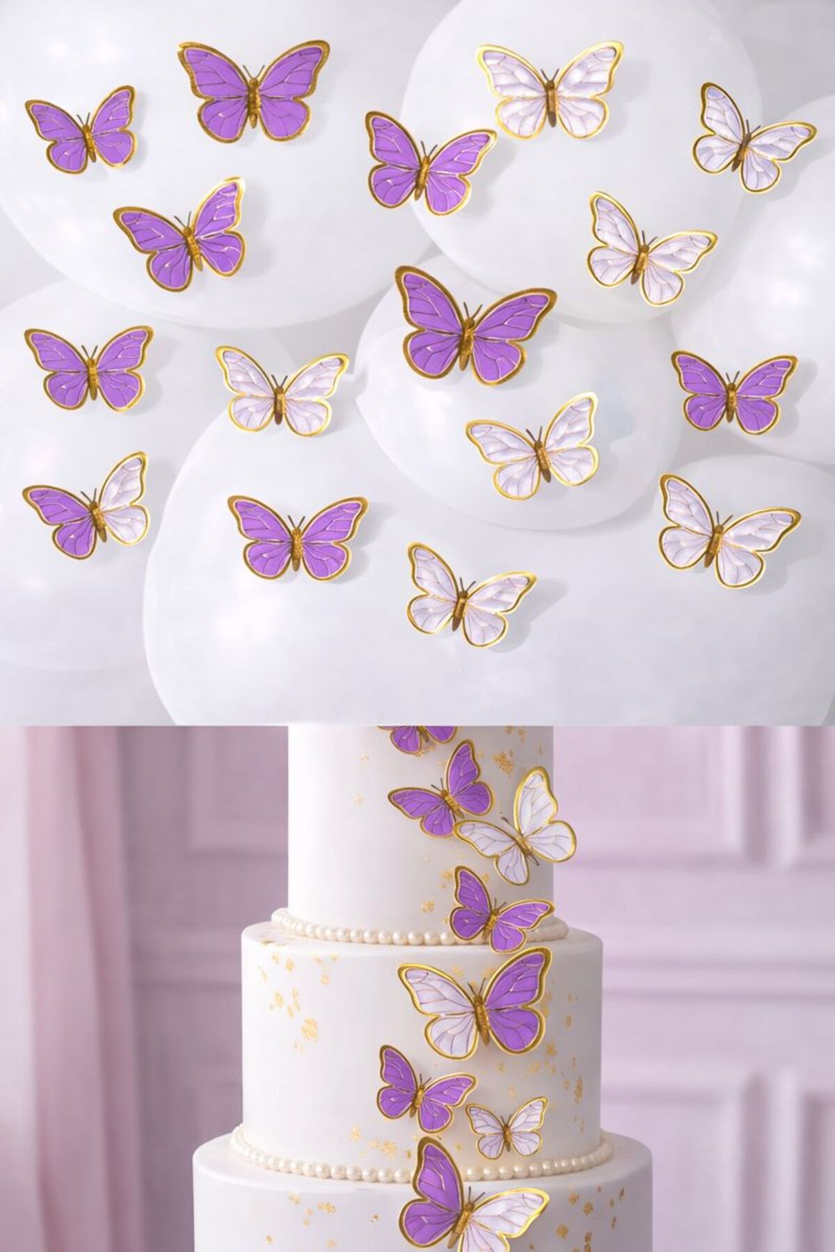 63 Adet 4-5 Cm Mor Altın Yaldızlı Kelebek Pasta Balon ve Duvar Sticker Doğum Günü Süs