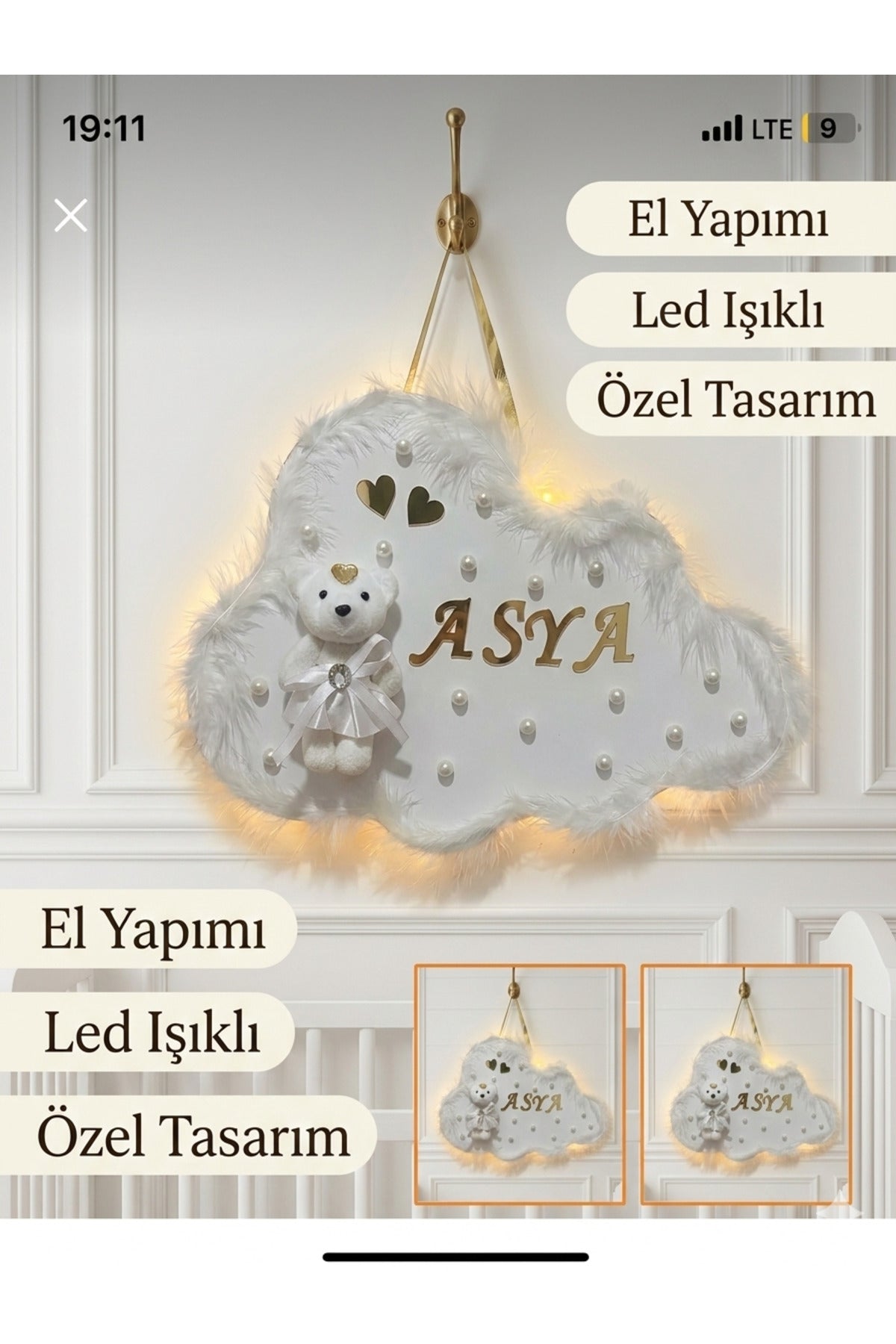 İstediğiniz Ismi Yazıyoruz - Bubble Ayıcıklı Ledli Bulut Bebek Kapı Süsü
