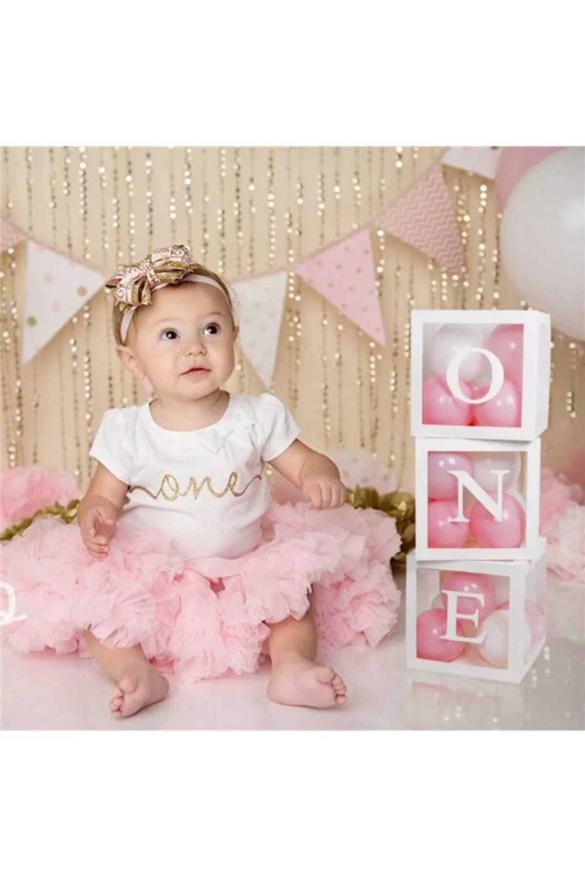 1 Yaş Doğumgünü Süsleme ONE Yazılı PEMBE BEYAZ BALONLU Şeffaf Balon Kutusu