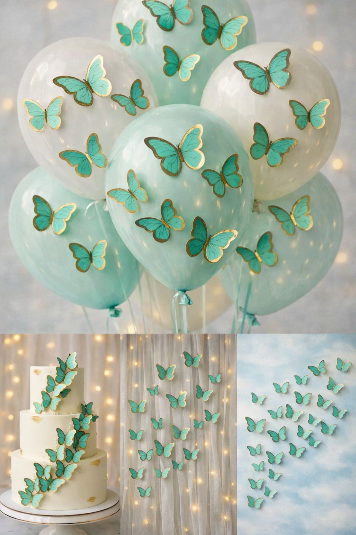 63 Adet 4-5 Cm Yeşil Altın Yaldızlı Kelebek Pasta Balon ve Duvar Sticker Yapışkanlı Doğum Günü Süs