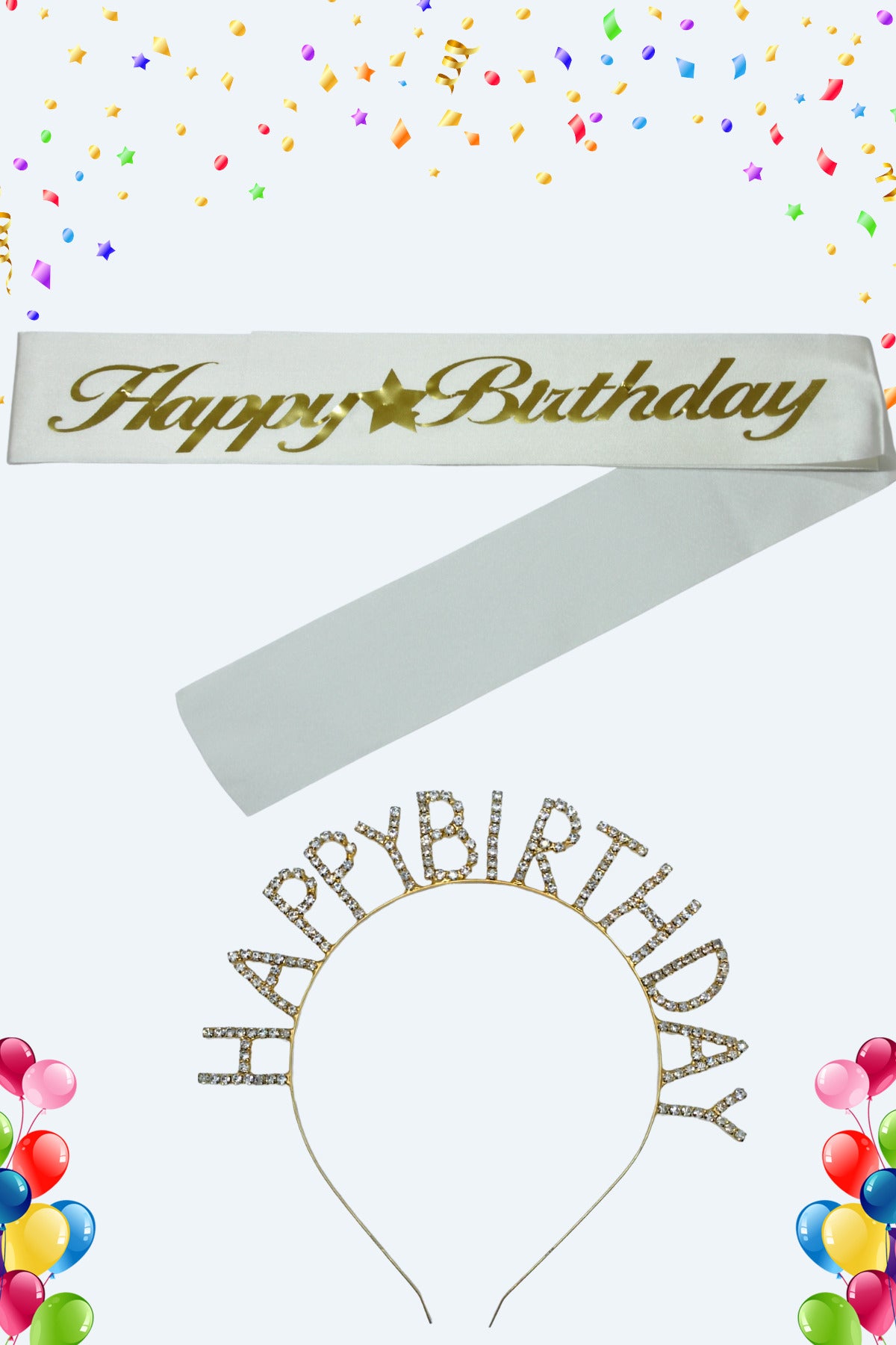 Happy Birthday Yazılı Kuşak Ve Taşlı Taç & Beyaz Altın Kuşak Taşlı Altın Taç