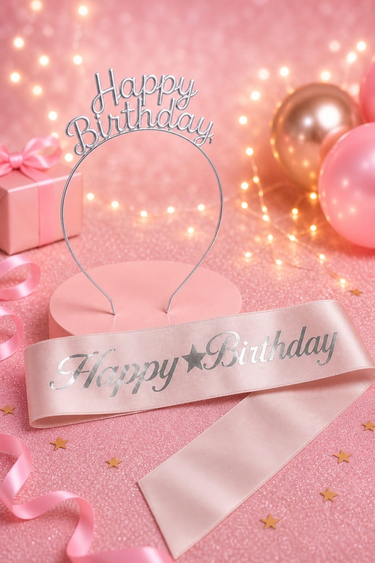 Happy Birthday Yazılı Metal Taç Ve Kuşak & Pembe Gümüş Kuşak Gümüş Taç