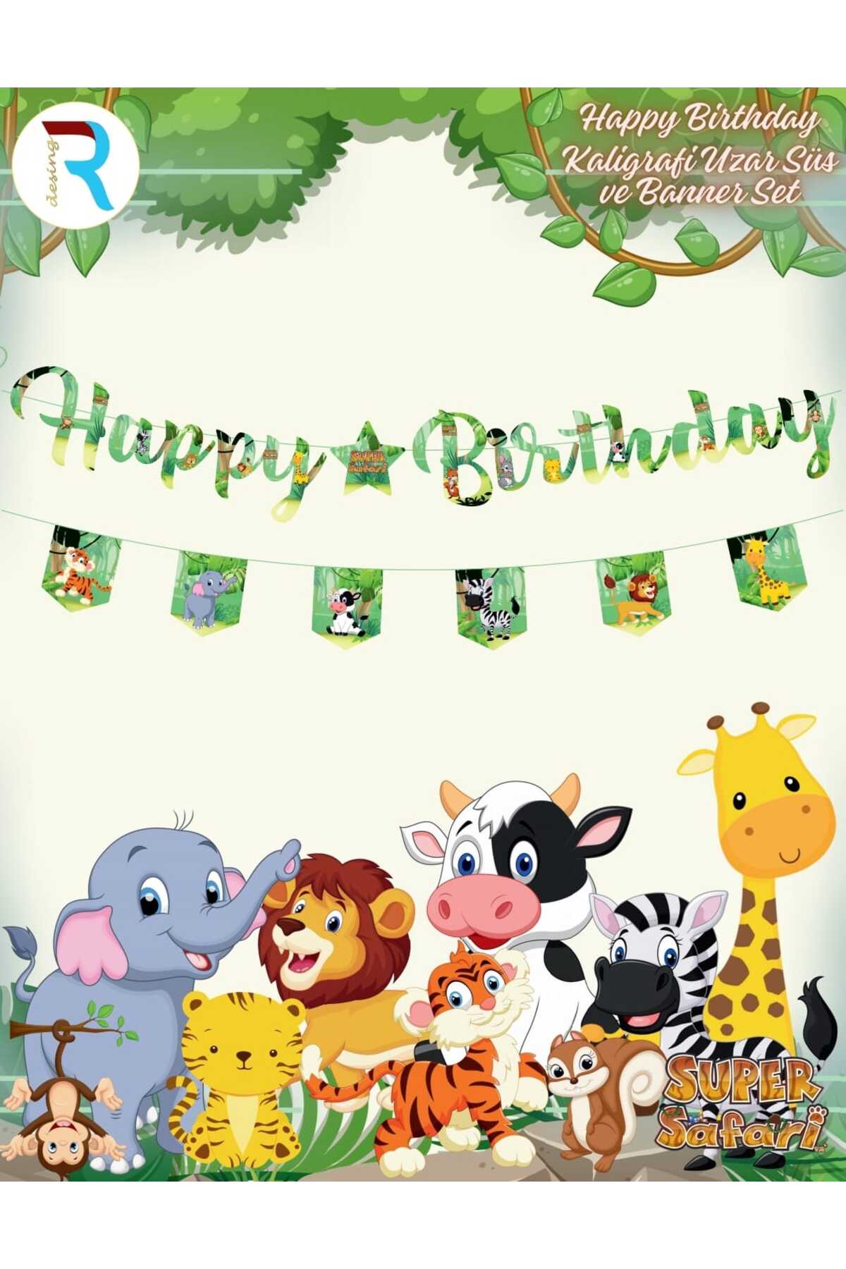 AHSEN SÜS EVİ- Safari Happy birtday kaligrafi uzar süs ve banner set