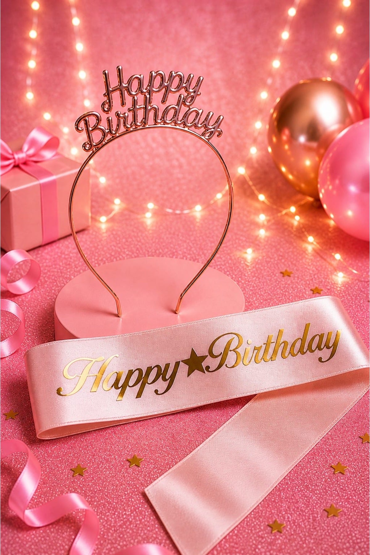 Happy Birthday Yazılı Metal Taç Ve Kuşak & Pembe Altın Kuşak Rose Taç