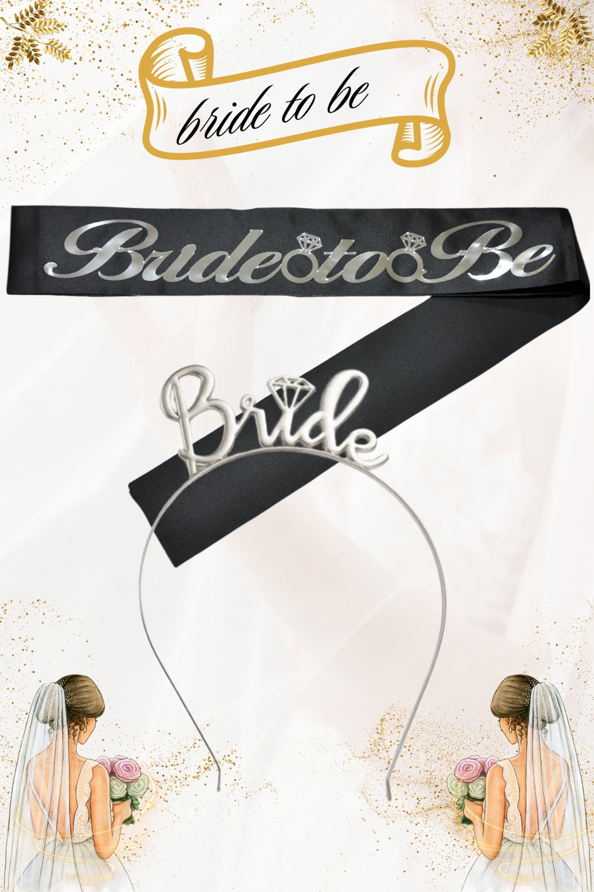 Bride To Be Metal Taç ve Kuşak Seti & Bekarlığa Veda Partisi & Siyah Gümüş Kuşak Gümüş Taç