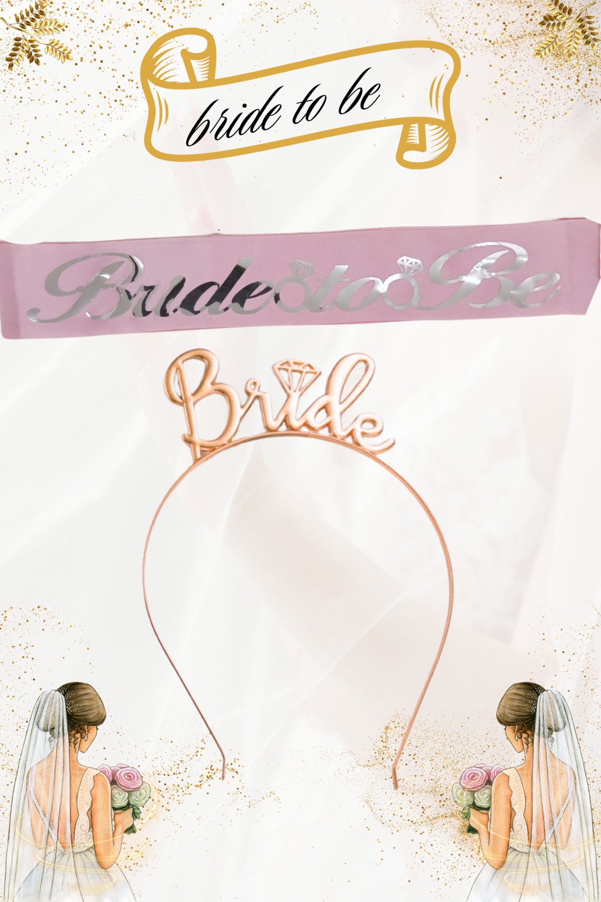 Bride To Be Metal Taç ve Kuşak Seti & Bekarlığa Veda Partisi & Pembe Gümüş Kuşak Rose Taç