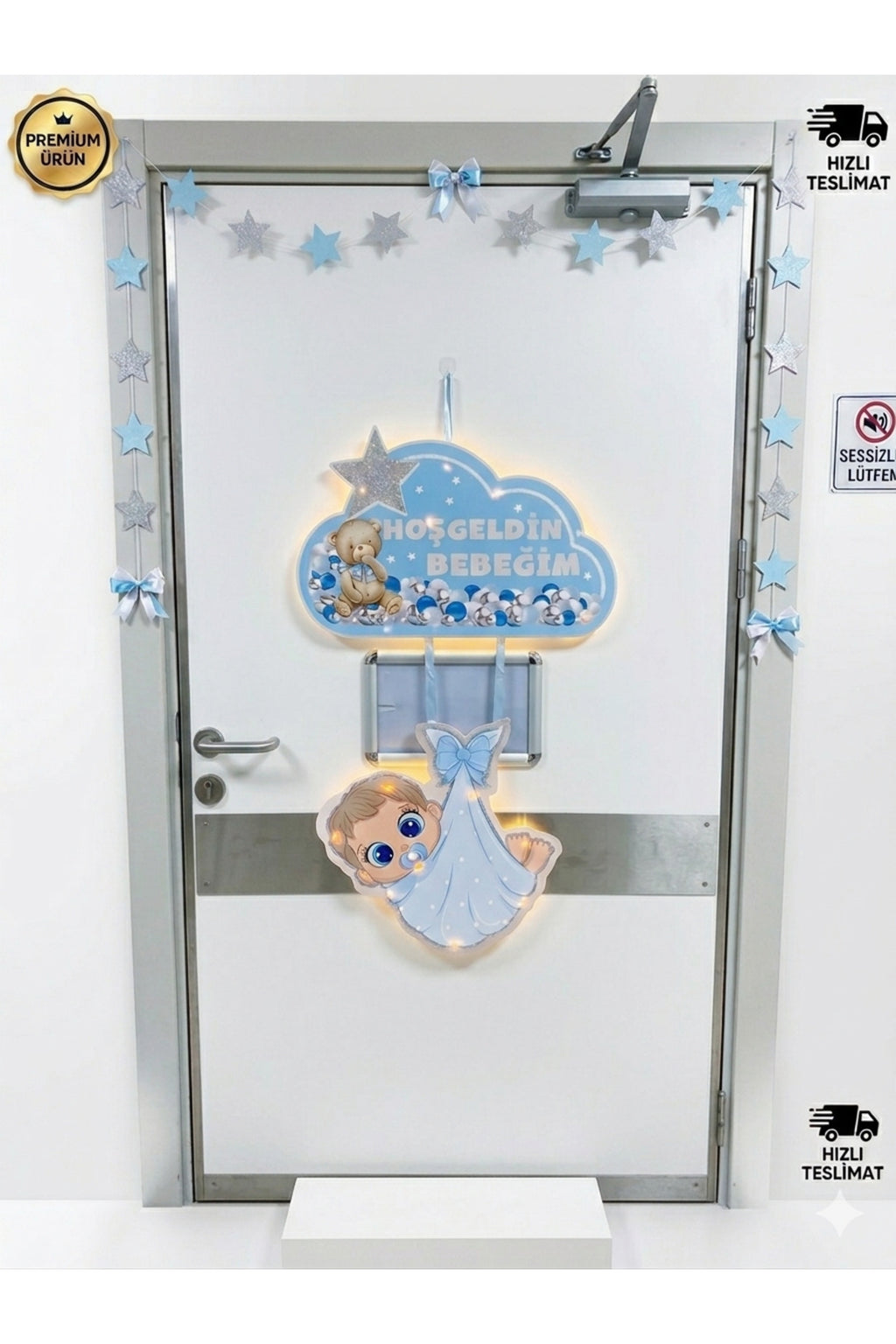 Bubble Ayıcıklı Ledli Bebek Kapı Süsü - Hastane Bebek Kapı Süsü