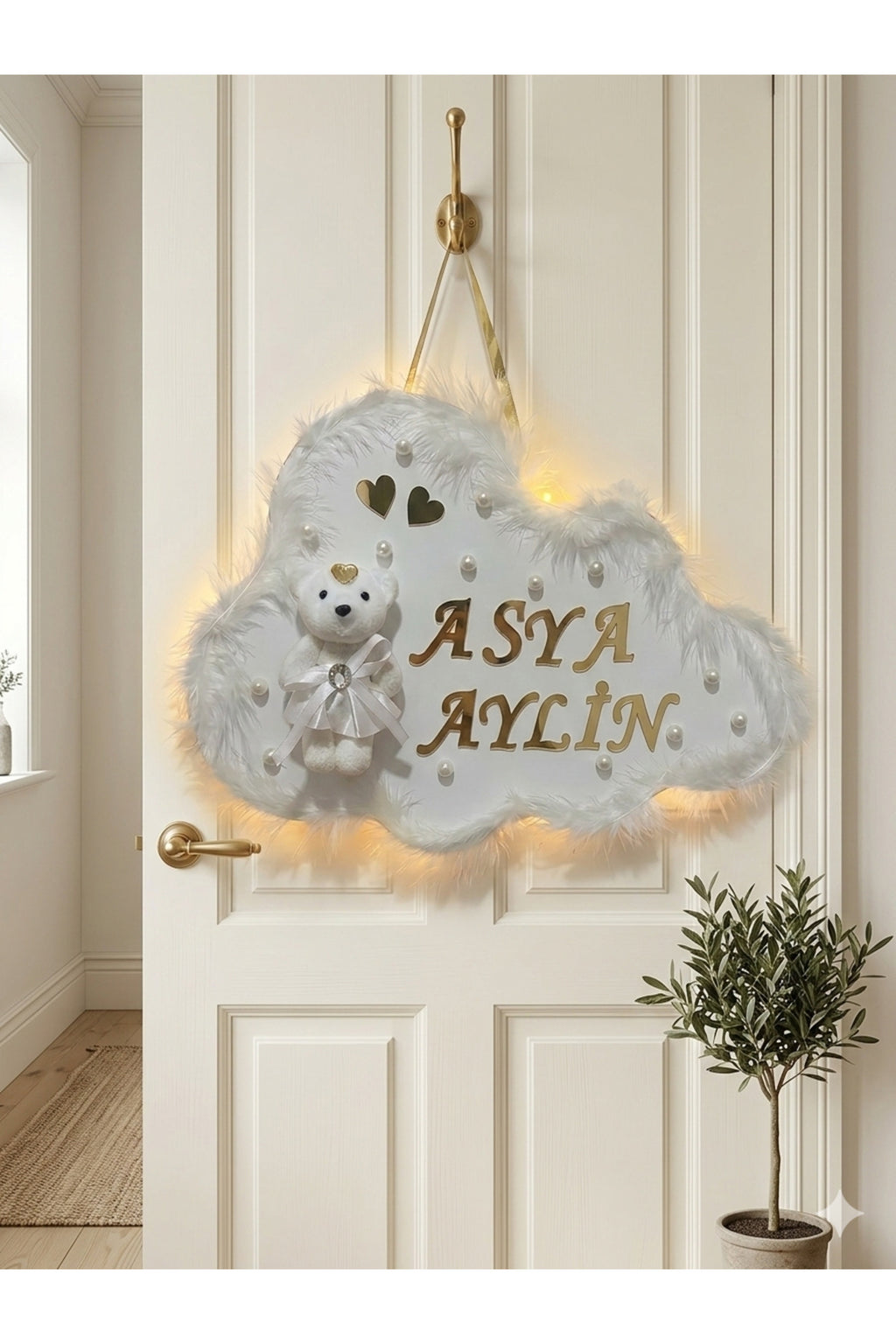 İstediğiniz Ismi Yazıyoruz - Bubble Ayıcıklı Ledli Bulut Bebek Kapı Süsü