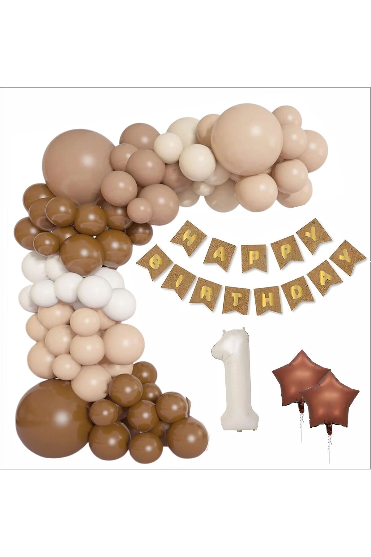 KRAFT GOLD BANNER 1 YAŞ KAHVE -BEYAZ KONSEPT DOĞUM GÜNÜ SETİ