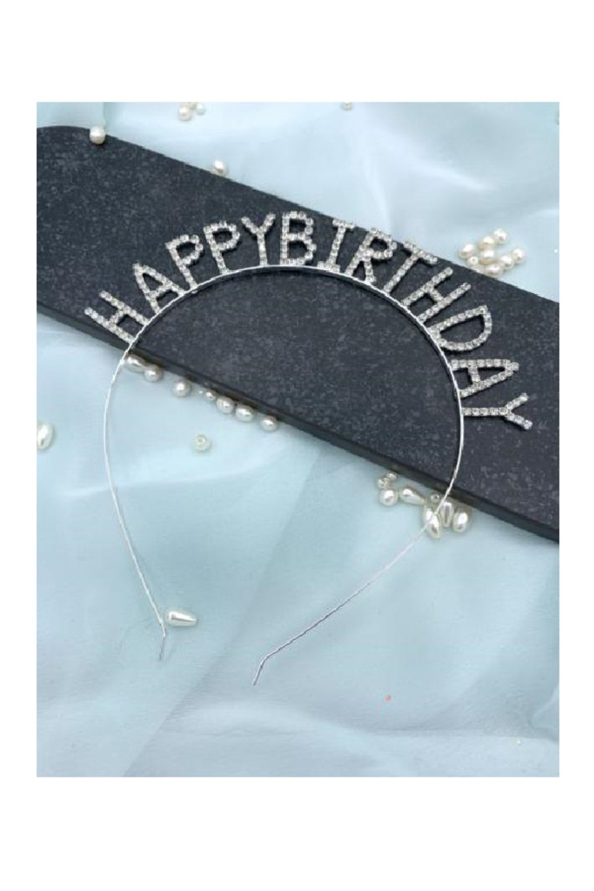 Gümüş Renk Metal Taşlı Happy Birthday Yazılı Parti Tacı