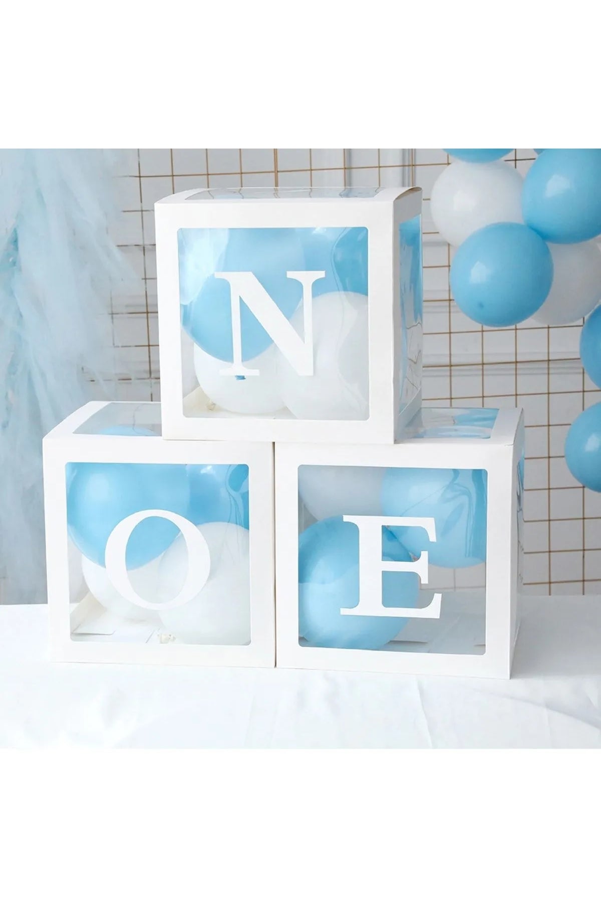1 Yaş Doğumgünü Süsleme ONE Yazılı MAVİ BEYAZ BALONLU Şeffaf Balon Kutusu