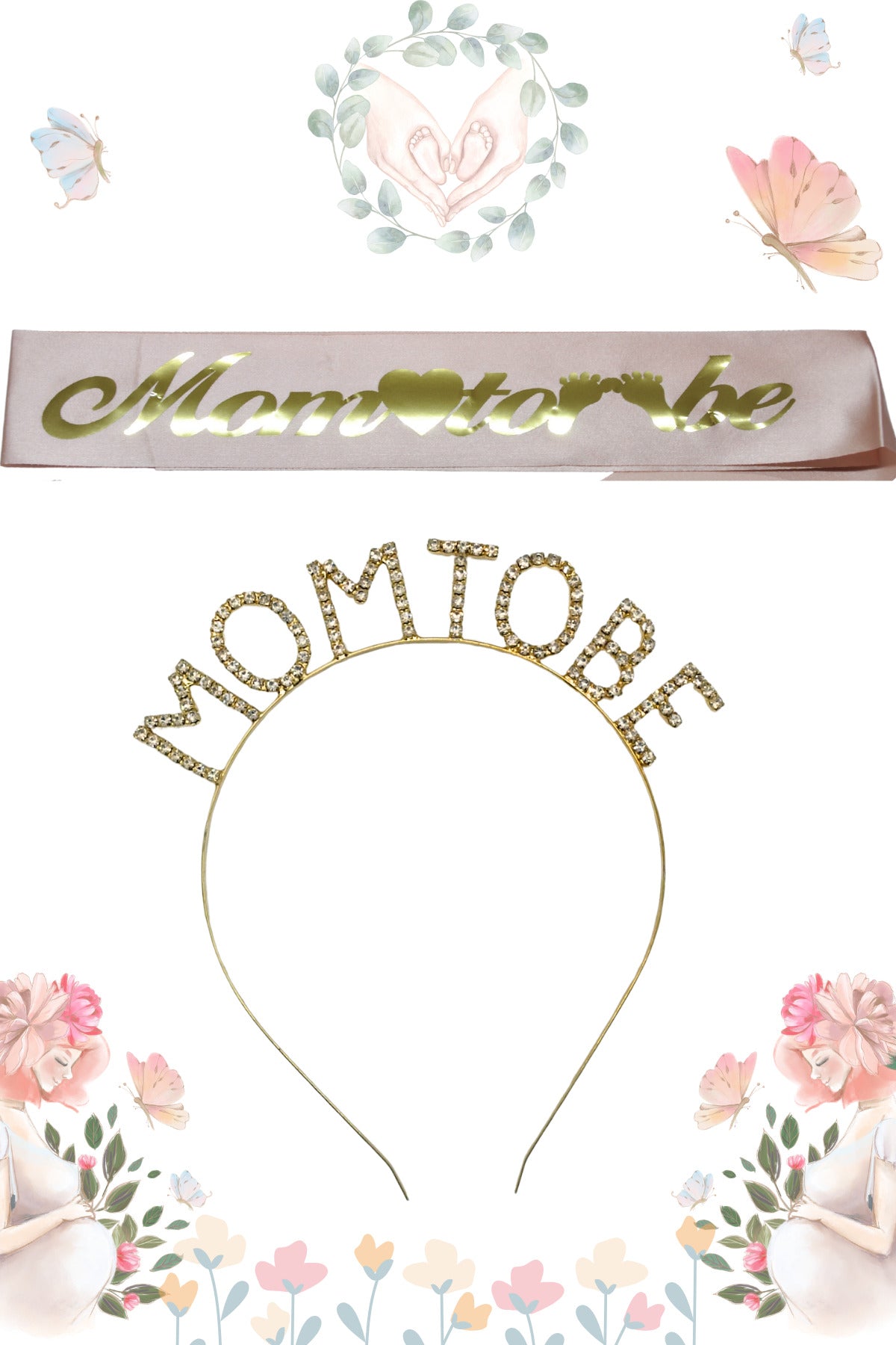 Mom To Be Metal Taç Ve Kuşak & Baby Shower Set & Pembe Altın Kuşak Taşlı Altın Taç