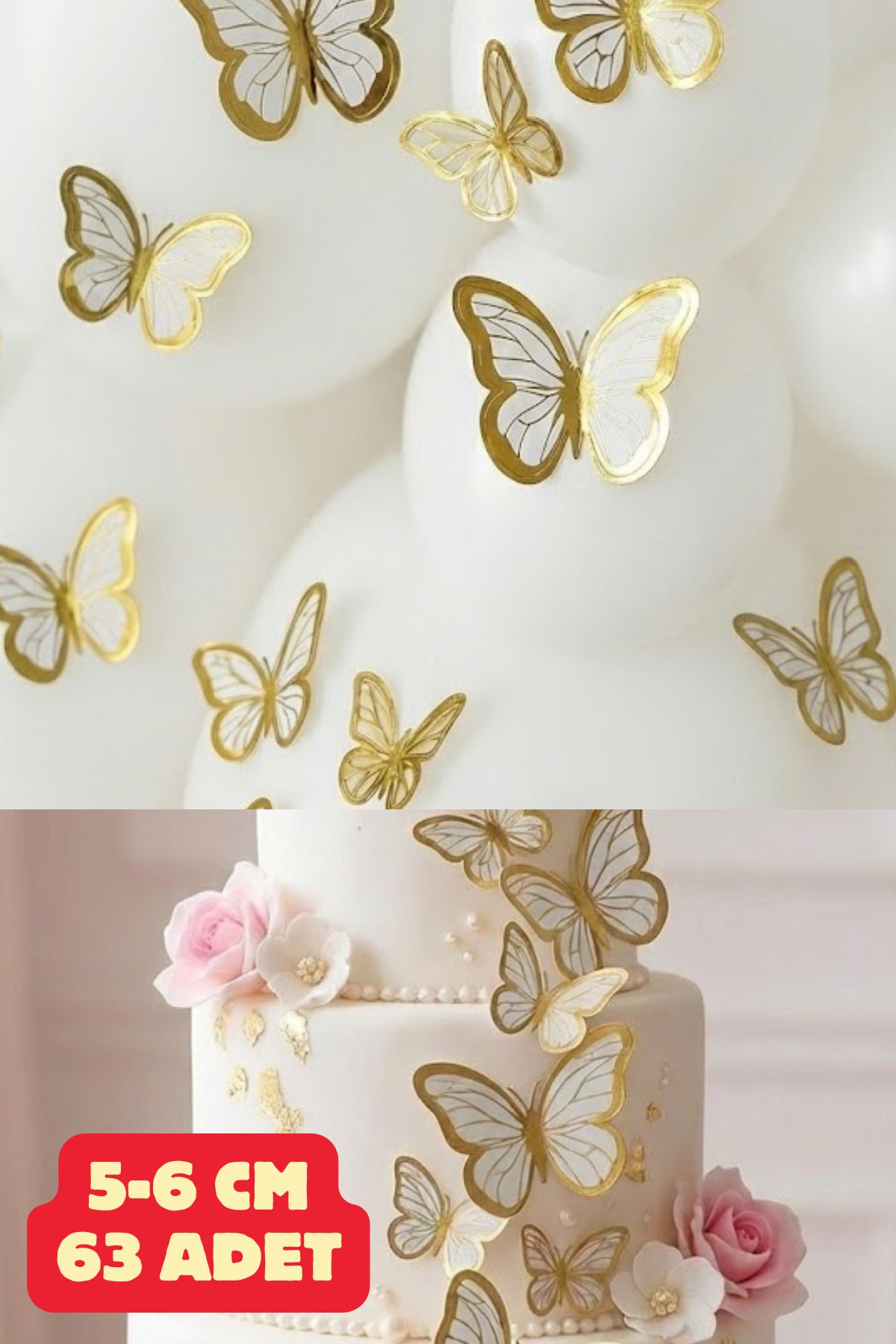 63 Adet Beyaz Altın Yaldızlı Kelebek Pasta Balon ve Duvar Sticker Doğum Günü Süsleme